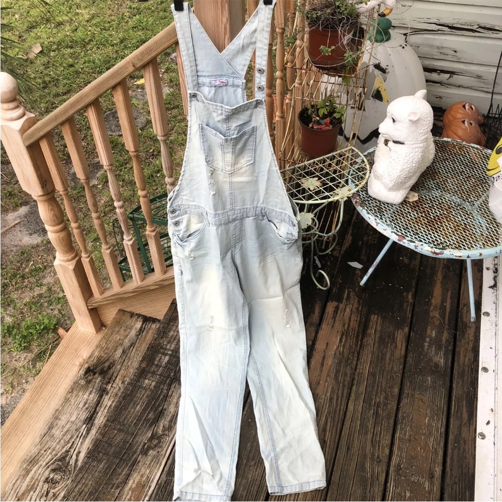 Bongo Pale Blue Faded Distressed Denim Jeans Overalls Size L Vintage 80s 90s